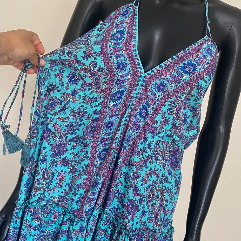 Sleeveless Teal Purple & Pink Silk Floral V-Neck Adjustable Size S M L Dress - Picture 13 of 15